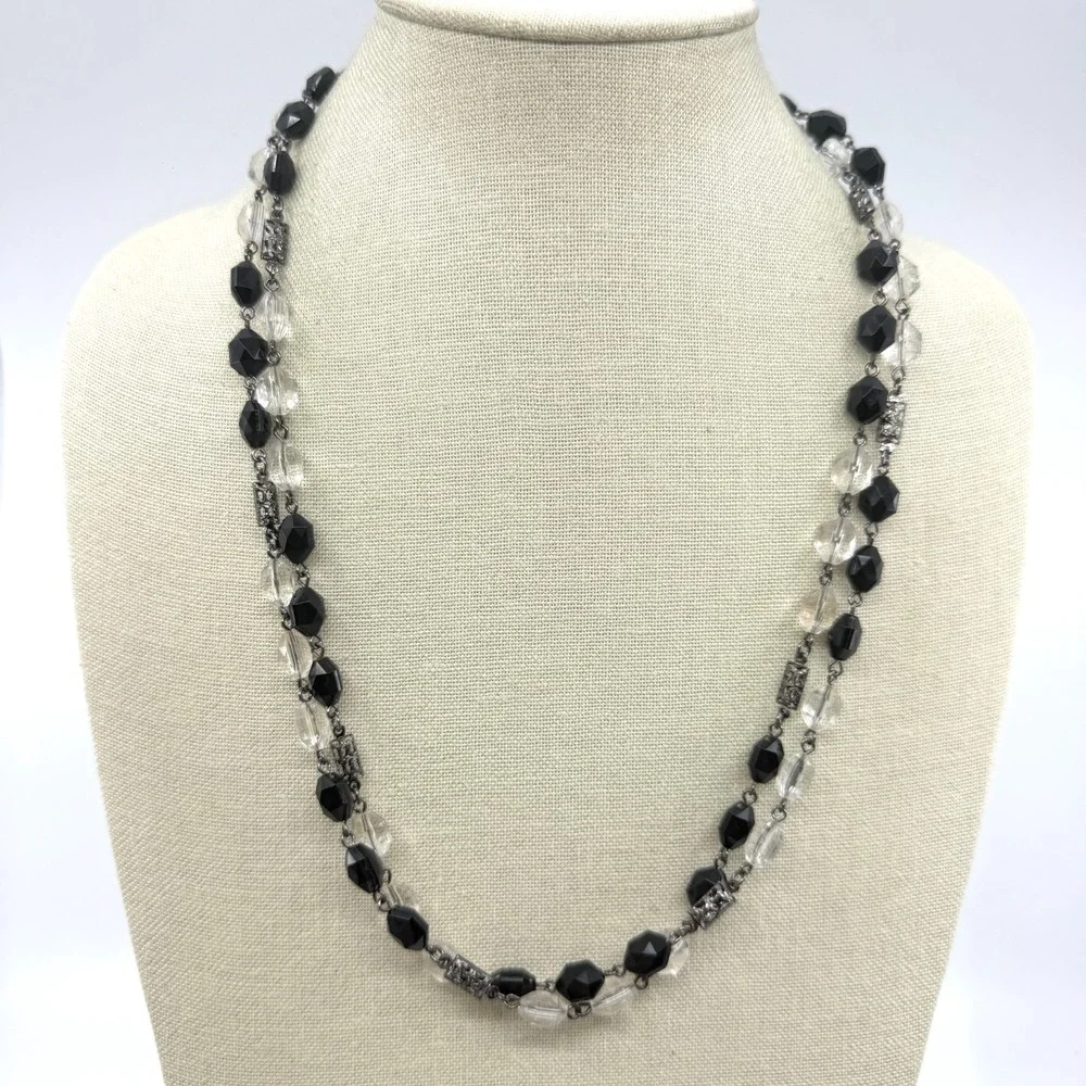 Black Clear Faceted Bead Double Strand Necklace Gunmetal Gothic Statement Gift